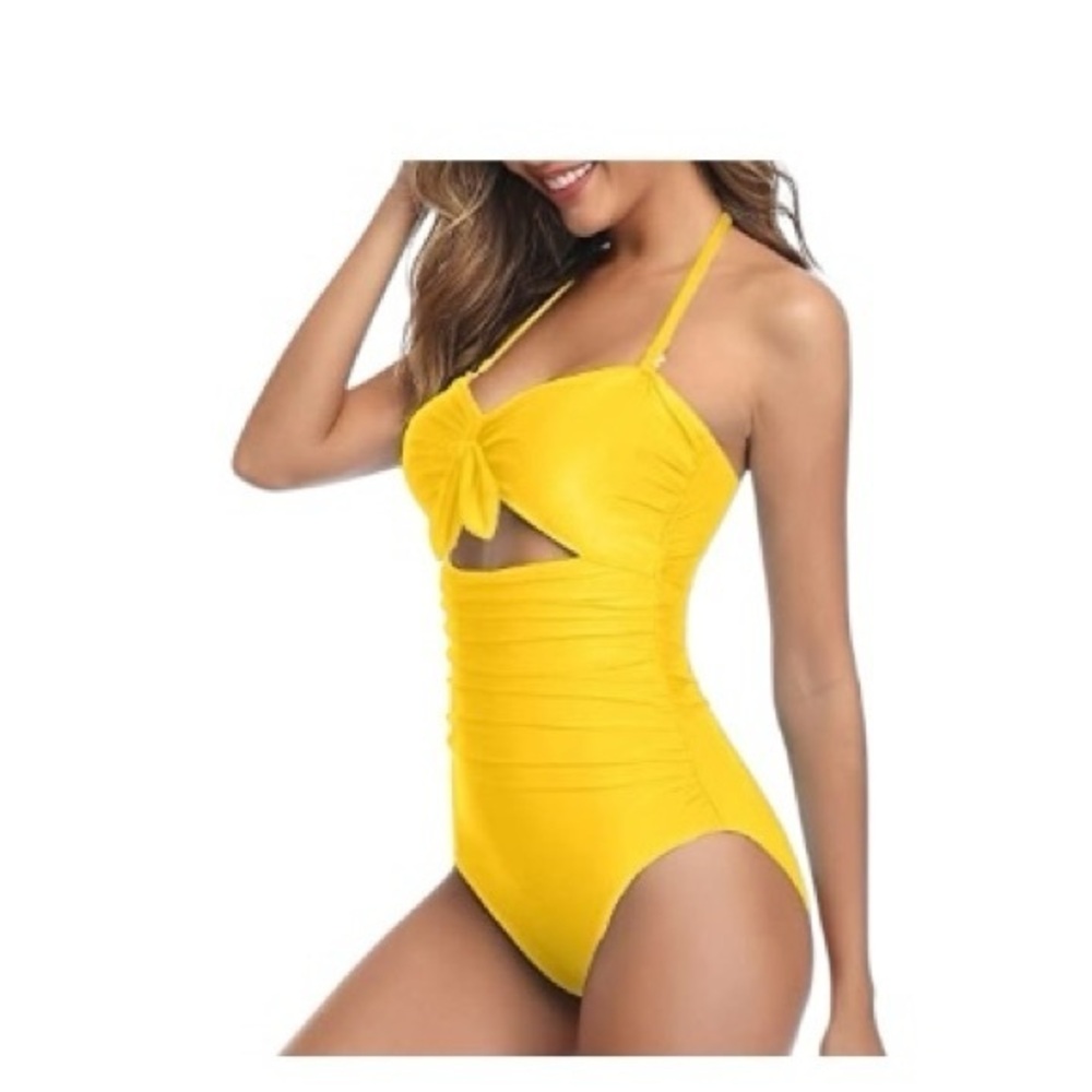 NWT! Chic High Waisted Halter Front Tie Knot One Piece Cutout Swimsuits Yellow M